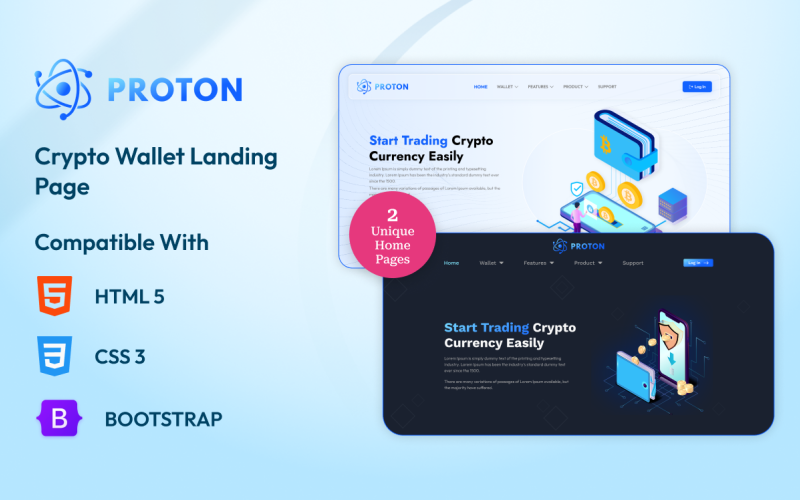 Proton — szablon strony docelowej aplikacji portfela kryptograficznego