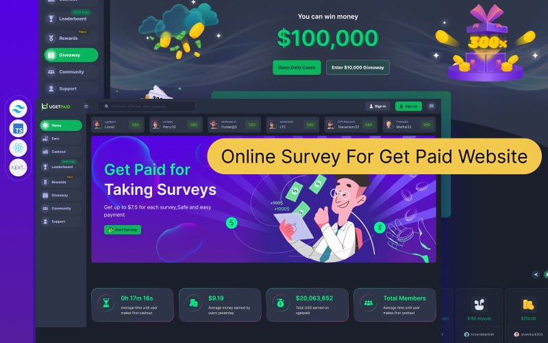 Ugetpaid - Pesquisa on-line para site pago React Next JS Template Games & Nightlife
