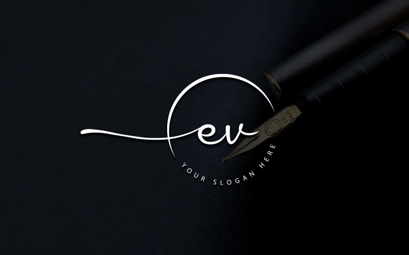 Design del logo della lettera EV in stile studio di calligrafia