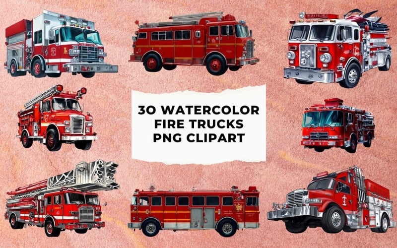 30 акварельних пожежних машин у форматі PNG