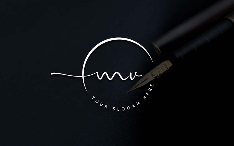 Design del logo della lettera MV in stile studio di calligrafia