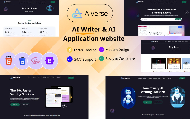 Aiverse - AI Yazarı ve AI Uygulaması web sitesi HTML Şablonu