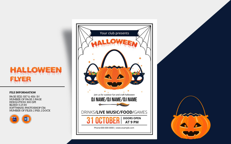 Modello stampabile per volantino di invito a una festa di Halloween. Parola e PSD