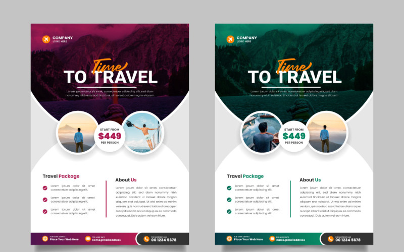 Modelo de design de folheto de viagem e design vetorial de modelo de folheto de agência de viagens com contato