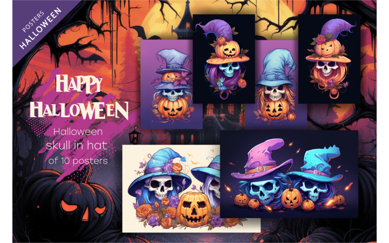 Set Halloween Skull posters. Halloween Clipart.