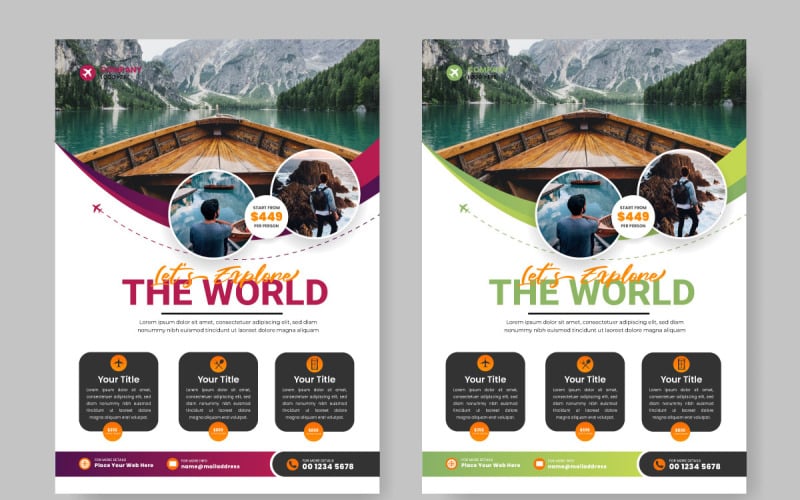 Modello di progettazione di volantini di viaggio per agenzia di viaggi con contatto e sede