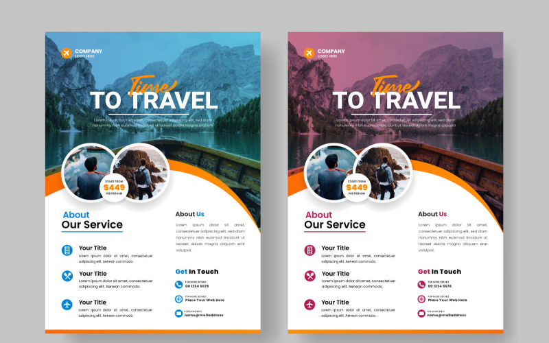 Modelo de design de folheto de viagem para agência de viagens com detalhes de contato e local