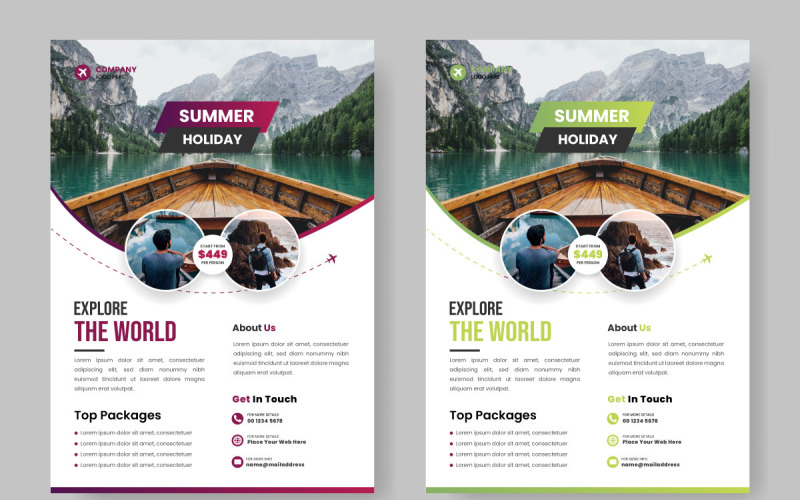 Modelo de design de folheto de viagens vetoriais para agência de viagens com detalhes de contato e local