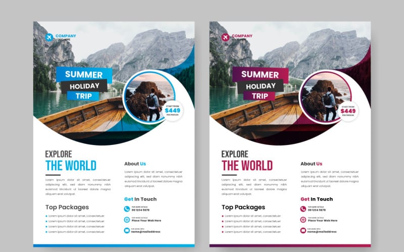 İletişim ve mekan detay fikri ile seyahat acentası için seyahat ilanı tasarım şablonu