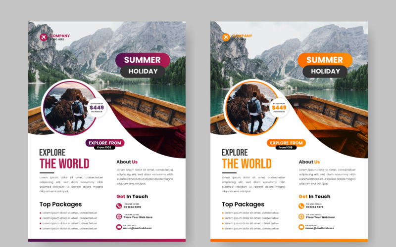 İletişim ve mekan detay konseptine sahip seyahat acentesi için seyahat ilanı tasarım şablonu