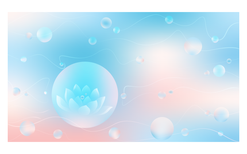 Pastellbakgrundsbild 14400x8100px i blått färgschema med lotus och bubblor