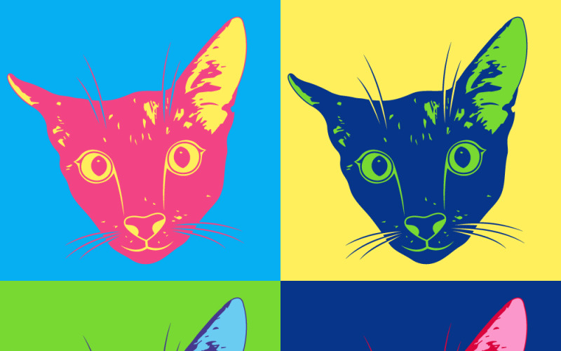 Renkli bir arka plana sahip, pop art tarzında farklı renklere sahip bir vektör kedi