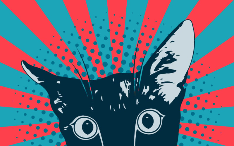 Vektoros macska pop art stílusban, színes csíkos és féltónusos háttérrel