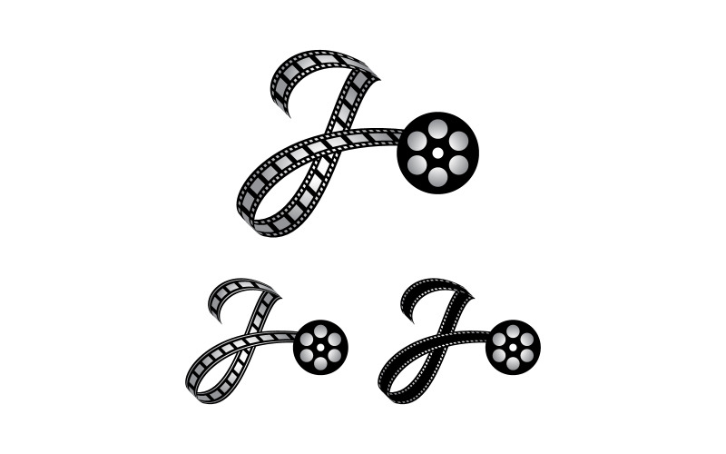 Letra J feita de tira de filme, logotipo para fotografia de mídia, videografia, produção de canal do Youtube
