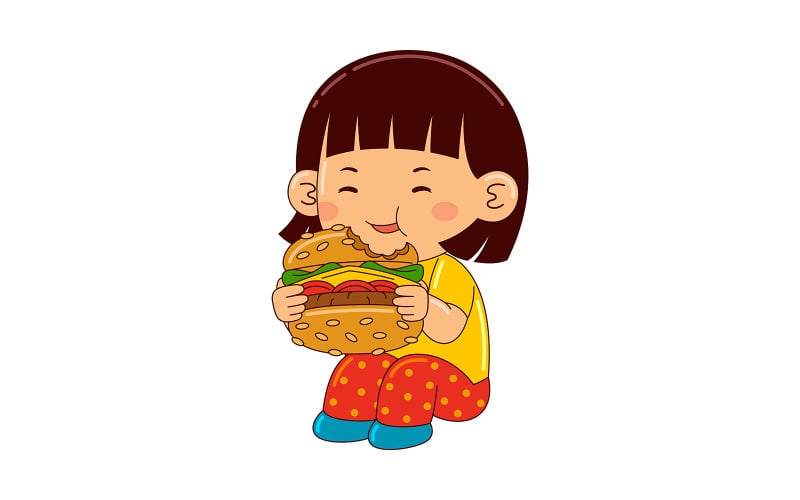 Girl kids eating burger vector #364157 - TemplateMonster