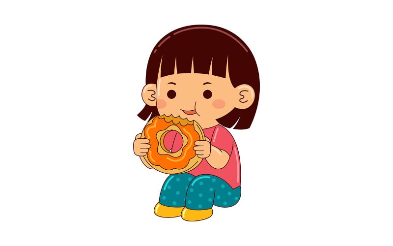flicka barn äter munk vektor