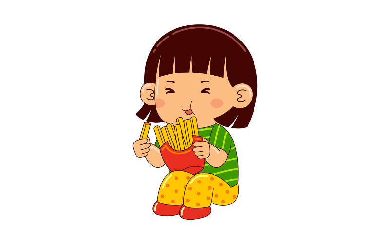 дівчина діти їдять картоплю фрі вектор