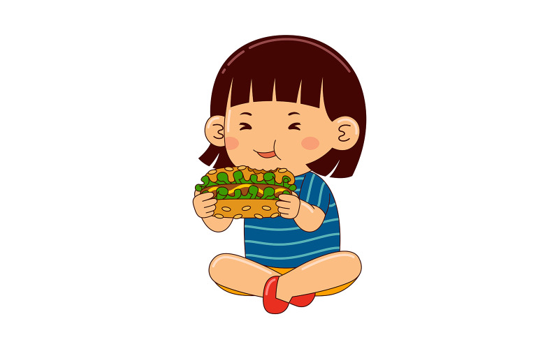 dívka děti jíst párek v rohlíku vektor