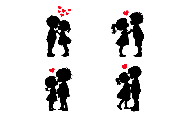 Niedliches Paar, Cartoon-Silhouetten eines Jungen und eines Mädchens, die sich küssen, zwei küssende Kinder auf Weiß
