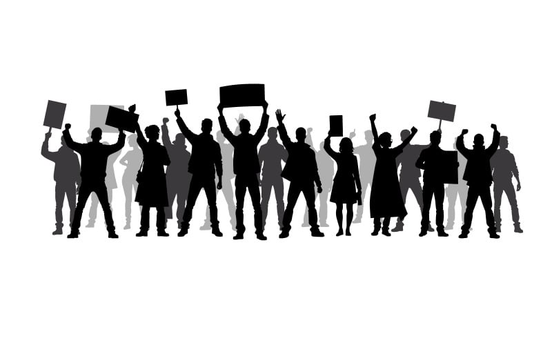 Silhouettes de foule de personnes avec les mains levées et les drapeaux. Manifestant emblématique levé le poing isolé
