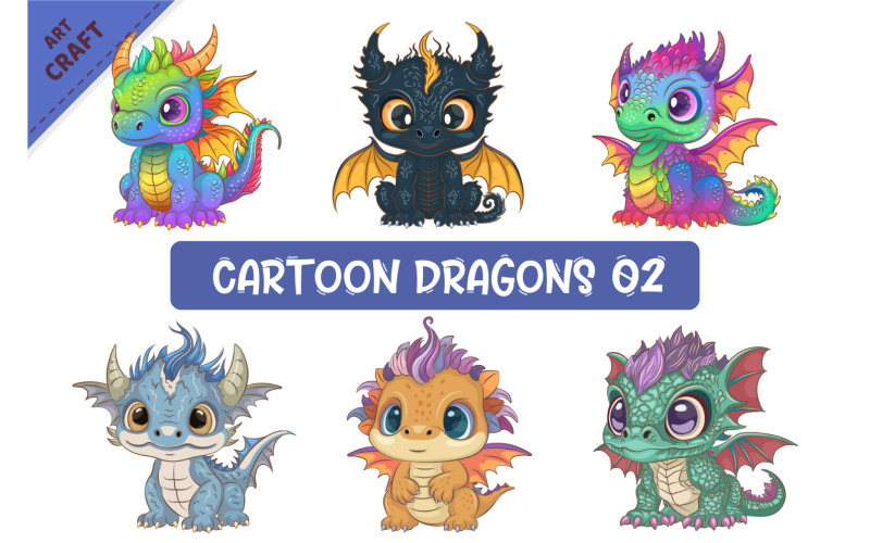 Uppsättning av tecknade drakar 02. Fantasy clipart.