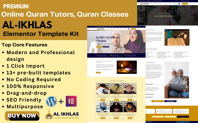 Al-Ikhlas – online učitelé Koránu, sada šablon elementů pro online kurzy Koránu WordPress