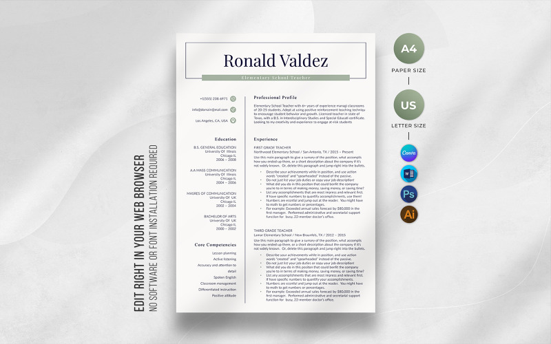 Plantilla de currículum vitae para maestro de escuela primaria Ronald Valdez