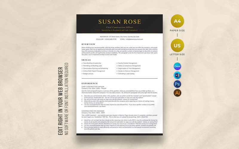 Modèle de CV de chef de la construction Canva
