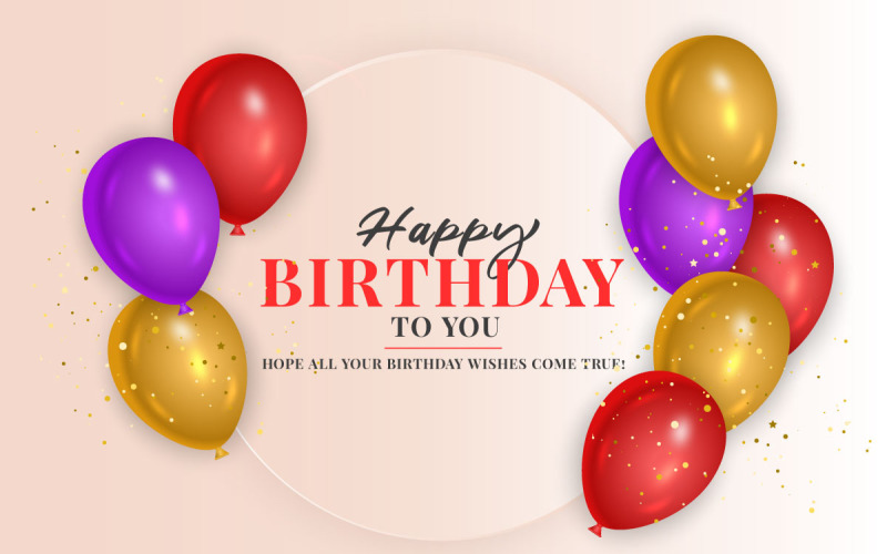 Auguri di compleanno con set realistici di palloncini rosa viola e rossi e sfondo e testo rosa