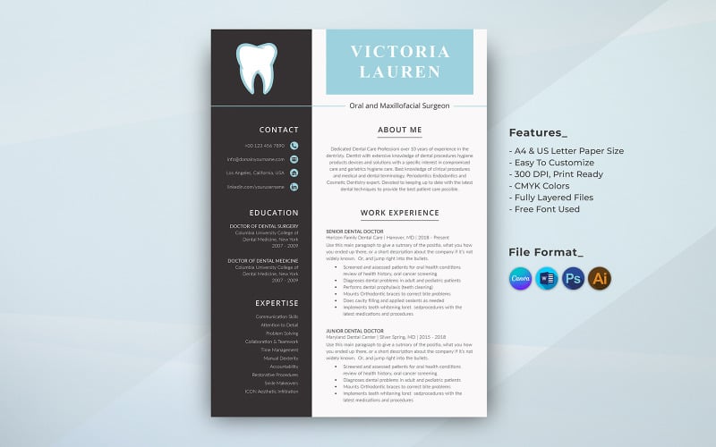 Canva-Zahnarzt-Lebenslauf-Vorlagendesign