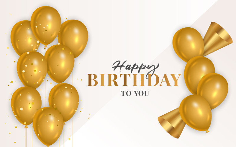 Deseo de cumpleaños con globos dorados realistas y fondo blanco.