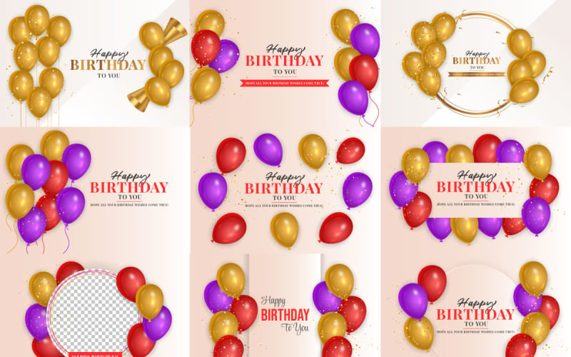 Modelo de desejo de aniversário com balões rosa roxos e vermelhos realistas