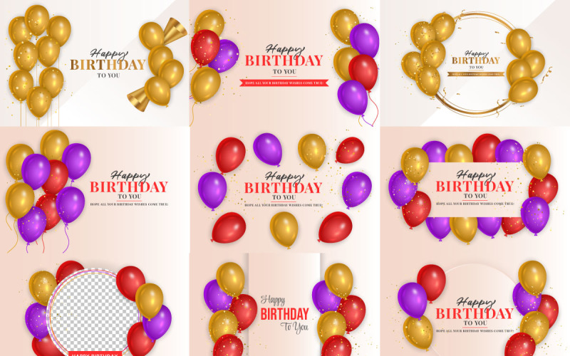 Zestaw szablonów życzeń urodzinowych z realistycznymi różowymi, fioletowymi i czerwonymi balonami