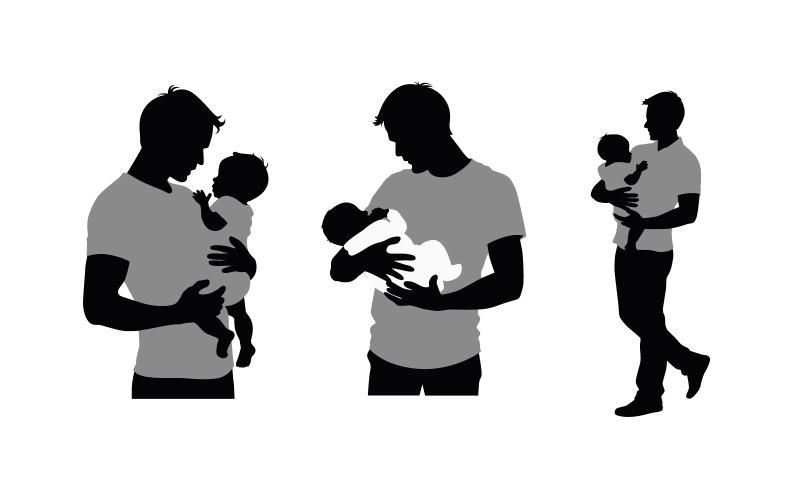Silueta de papá sosteniendo siluetas de bebé, padre y bebé juntas