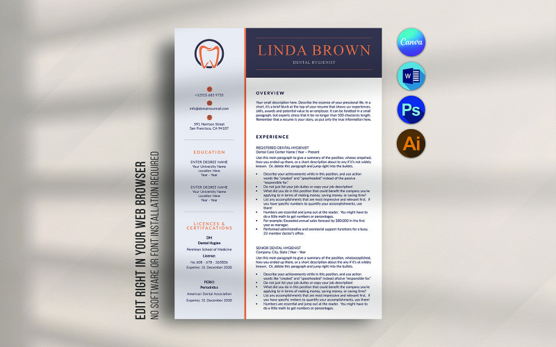 Canva- und Word-Zahnarzt-Lebenslauf-Vorlagendesign