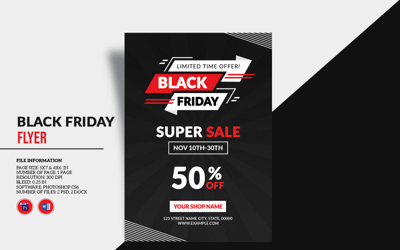 Folheto promocional da Black Friday. Modelo MS Word e PSD