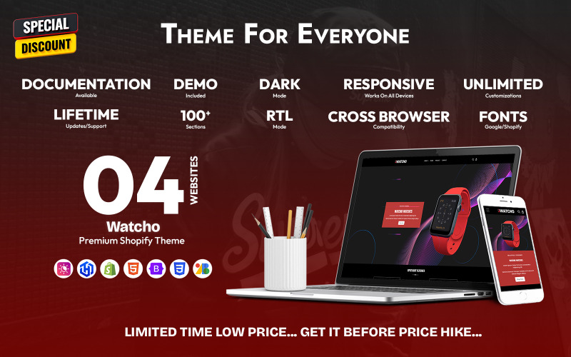 Watcho 2.0 – Shopify-tema med en produkt – RTL, mörkt läge