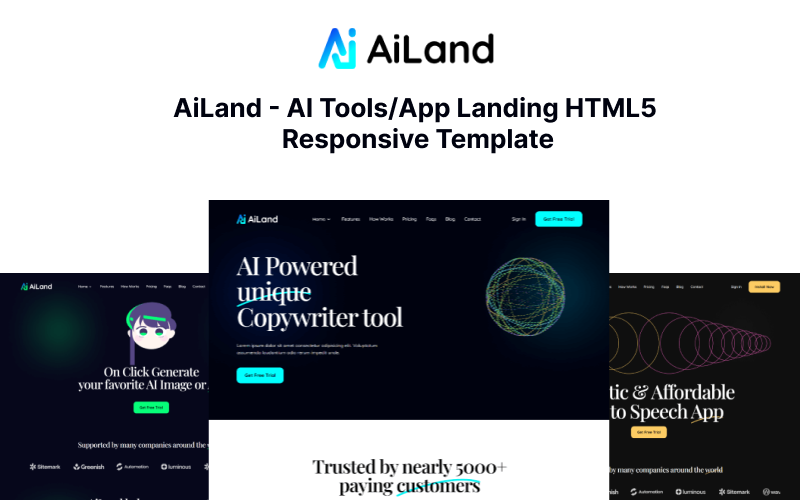AiLand - Modello responsivo HTML5 di destinazione degli strumenti AI/app