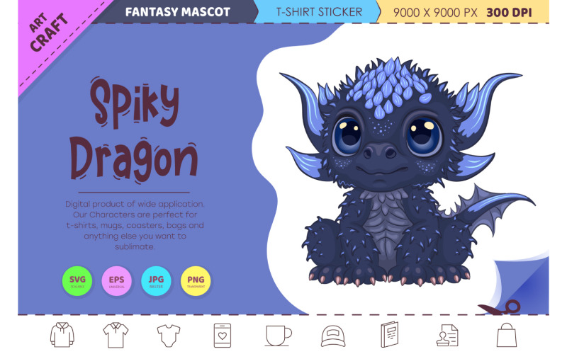 Cartoon stekelige draak. T-shirt, PNG, SVG.