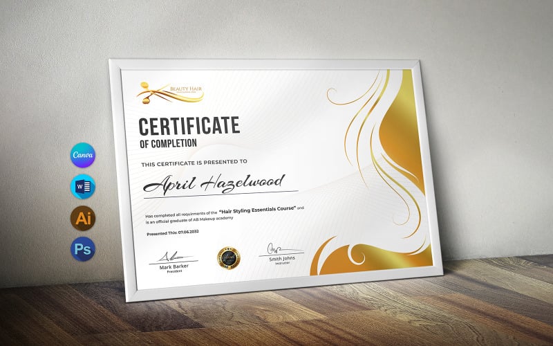 Modèle de certificat de cours de coiffure Canva & Word