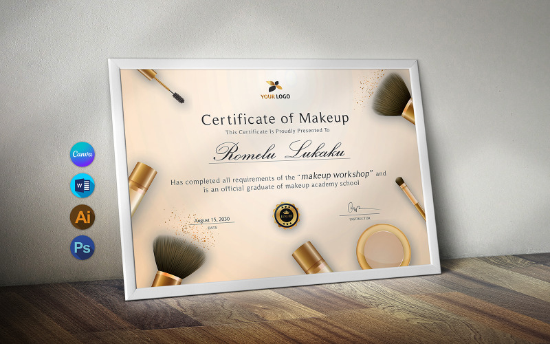 Modelo de certificado de curso de maquiagem Canva e Word