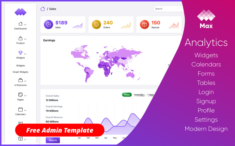 Max - ÜCRETSİZ Bootstrap Yönetici Şablonu