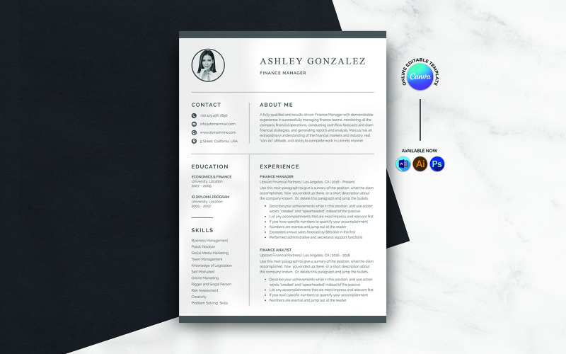 Canva och Word Finance Manager CV Mall