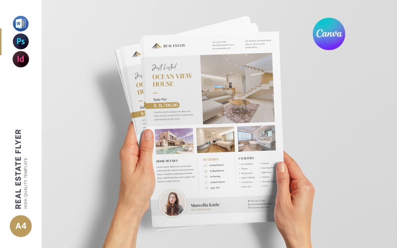 Flyer d’agence immobilière / Modèle Canva, Word, InDesign, Photoshop