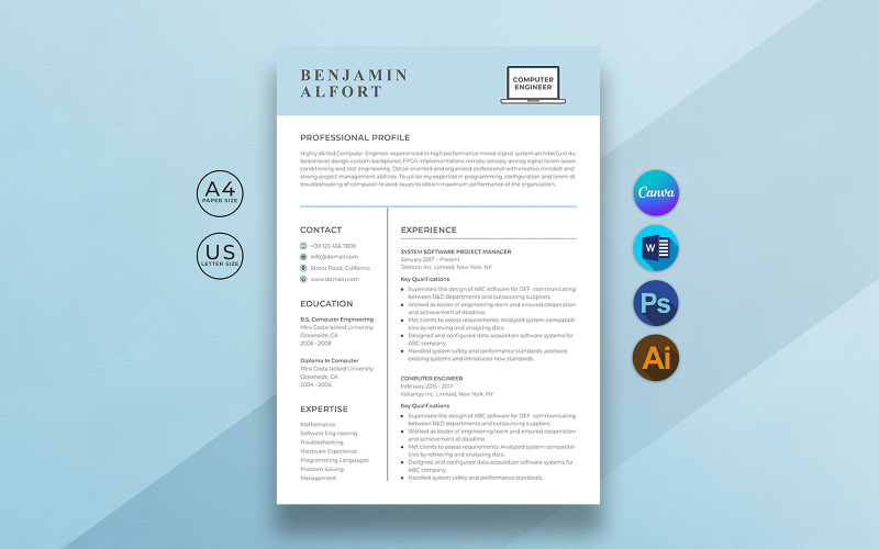Plantilla de currículum vitae de ingeniero informático en Canva y Word