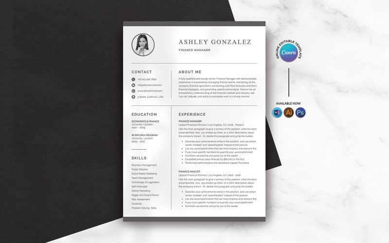 Szablon CV menedżera ds. finansów w serwisach Canva i Word
