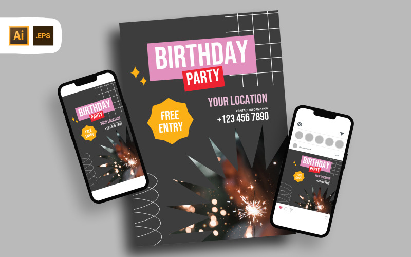 Dark Minimalist Birthday Party Flyer Template