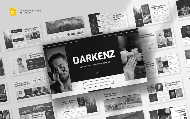 Darkenz - Modello di Presentazioni Google in bianco e nero