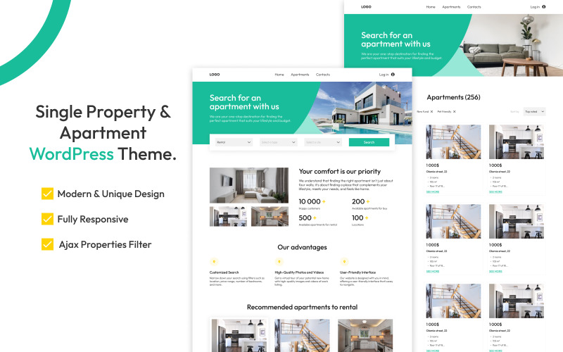 Lägenheter - WordPress-tema för uthyrning och försäljning av fastigheter
