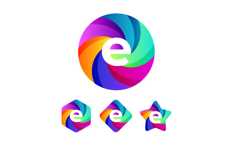 Lettera minuscola E Logo Design Cerchio rotondo Stampa multi colore Fotografia in studio Produzione video